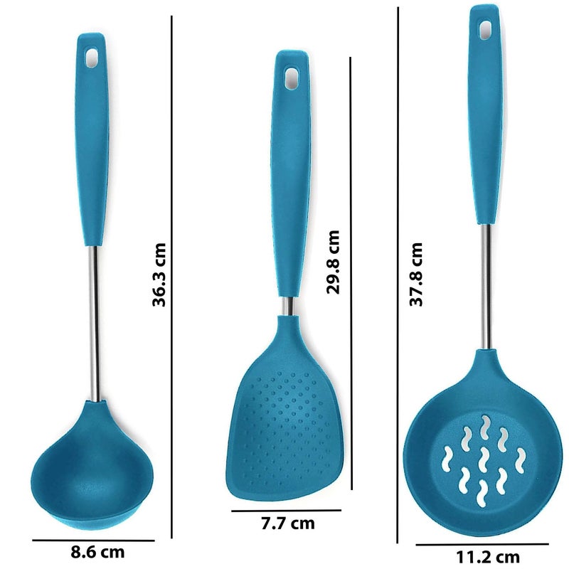 FS COOL Kadchi Stainless Steel Karandi for Cooking Karchi for Cooking Serving Spoon Rice Spoons for Serving Skimmer Spoon for Frying Cooking Spoon Set for Kitchen Set of 3 Blue - Image 2