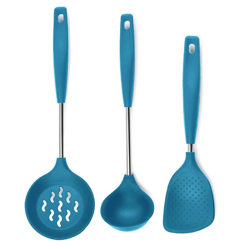 FS COOL Kadchi Stainless Steel Karandi for Cooking Karchi for Cooking Serving Spoon Rice Spoons for Serving Skimmer Spoon for Frying Cooking Spoon Set for Kitchen Set of 3 Blue - Image 1