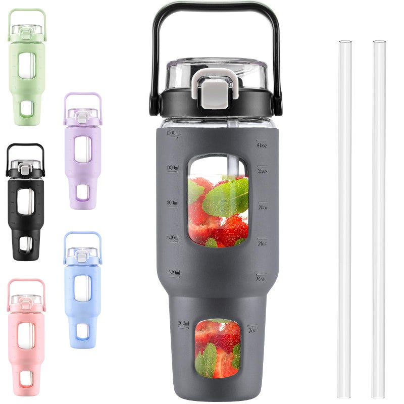 BLUEGO 40 oz Glass Water Bottles with Straw Time Marker  Glass Tumbler with Handle Top Lids  Easy to Clean  Fits in Car Cup Holder  Leakproof Jug for Gym  Sports  Workout & Daily  Dark Grey