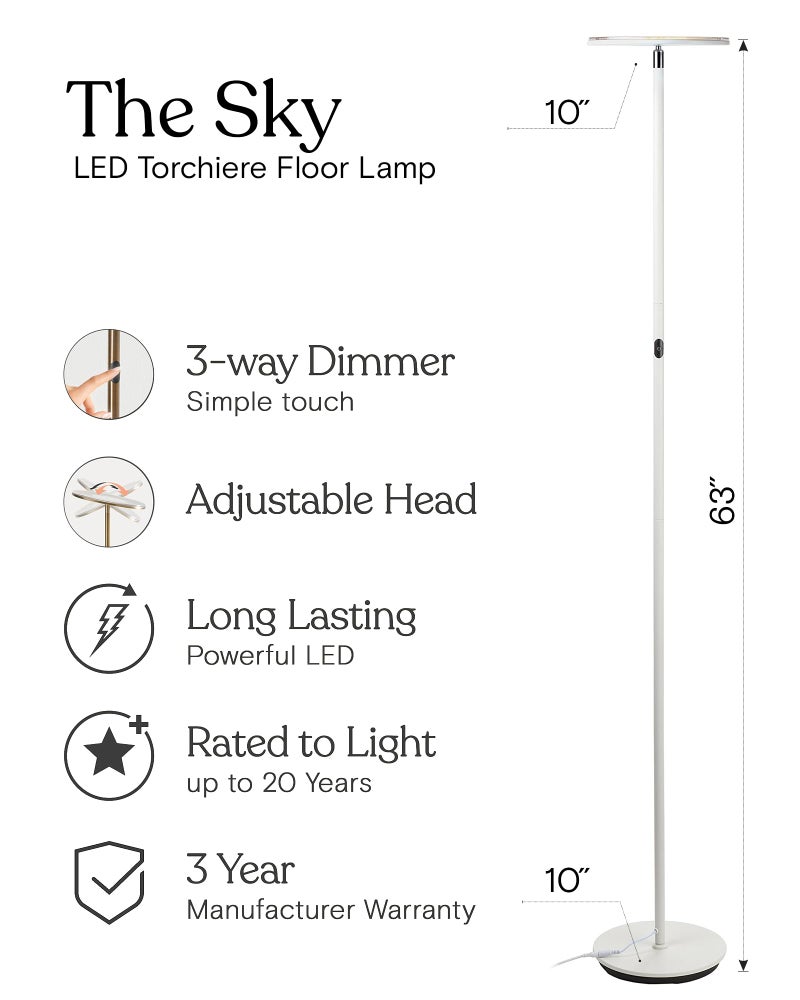 Brightech Sky LED Torchiere Super Bright Floor Lamp - Contemporary, High Lumen Light for Living Rooms and Offices - Dimmable, Indoor Pole Uplight for Bedroom Reading - White - Image 3