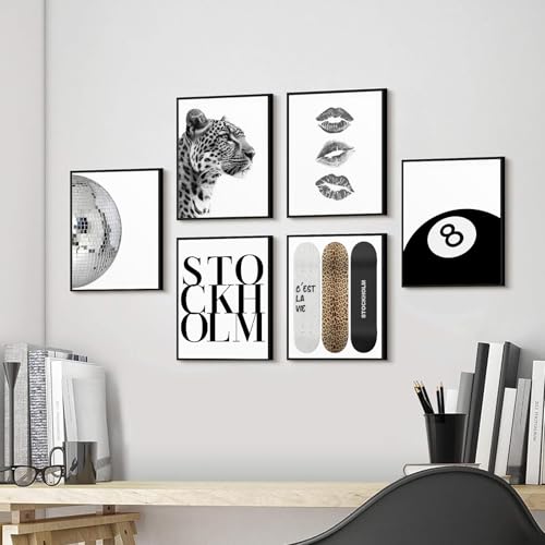 LRTNMTJ Framed Fashion Trendy Leopard Wall Art Set of 6 Stockholm Preppy Room Painting Picture Wall Decor Black White Aesthetic Cheetah Poster Print Artwork for Girls Bedroom Dorm Apartment Home Decoration - Image 4