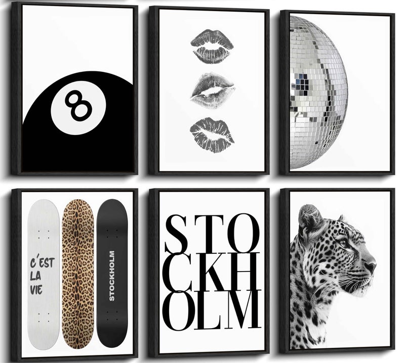 LRTNMTJ Framed Fashion Trendy Leopard Wall Art Set of 6 Stockholm Preppy Room Painting Picture Wall Decor Black White Aesthetic Cheetah Poster Print Artwork for Girls Bedroom Dorm Apartment Home Decoration - Image 1