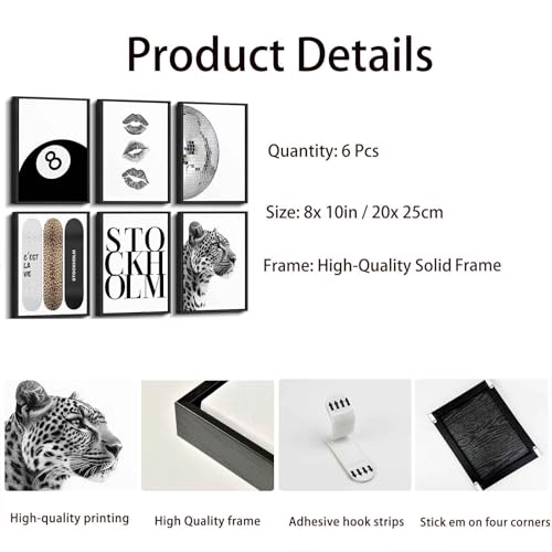 LRTNMTJ Framed Fashion Trendy Leopard Wall Art Set of 6 Stockholm Preppy Room Painting Picture Wall Decor Black White Aesthetic Cheetah Poster Print Artwork for Girls Bedroom Dorm Apartment Home Decoration - Image 2