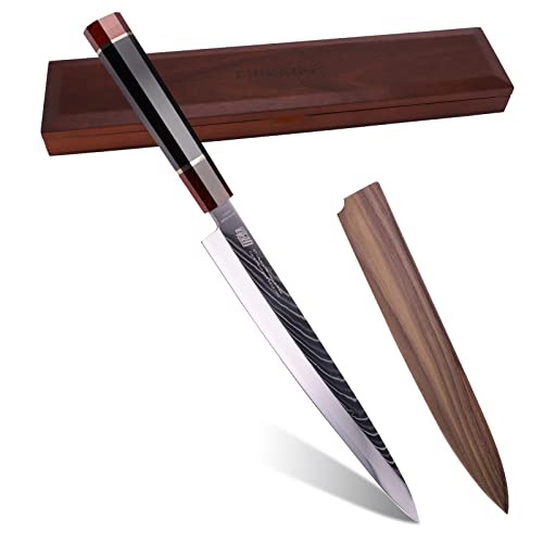 FINDKING Prestige Series Yanagiba Knife with Walnut Cover, Japanese SKD11 Damascus Steel Blade, Ebony Wood Octagonal Handle, Professional Sashimi Sushi Fish Knife (10.5 Inches, with Wooden Gift Box) - Image 1