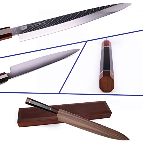 FINDKING Prestige Series Yanagiba Knife with Walnut Cover, Japanese SKD11 Damascus Steel Blade, Ebony Wood Octagonal Handle, Professional Sashimi Sushi Fish Knife (10.5 Inches, with Wooden Gift Box) - Image 2