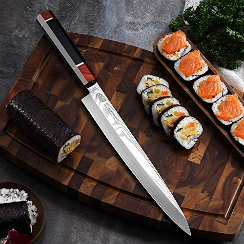 FINDKING Prestige Series Yanagiba Knife with Walnut Cover, Japanese SKD11 Damascus Steel Blade, Ebony Wood Octagonal Handle, Professional Sashimi Sushi Fish Knife (10.5 Inches, with Wooden Gift Box) - Image 5