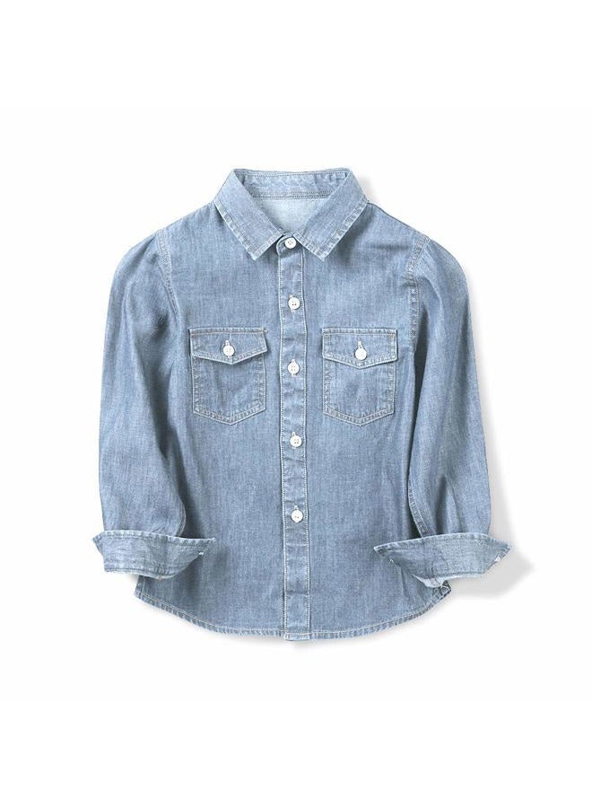 OCHENTA Men & Boys' Denim Button Down Shirt Long Sleeve Lightweight Father Son Matching Outfit, Light Blue, 2 Years - Image 1