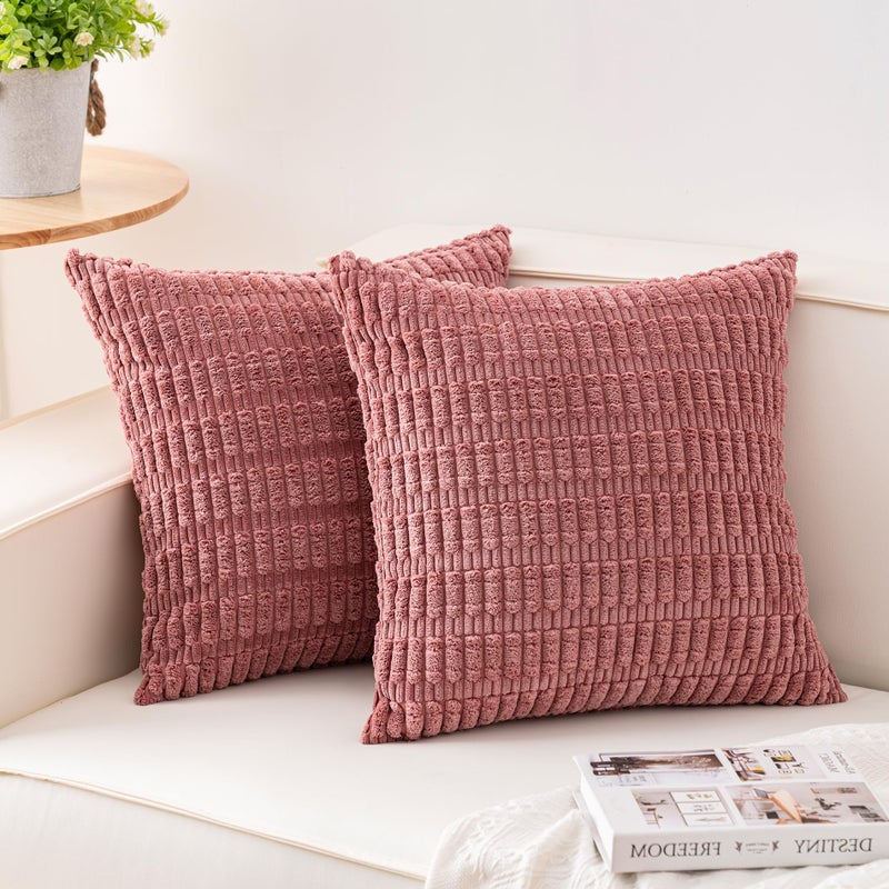 Aegero Pack of 2 Corduroy Decorative Throw Pillow Covers 18x18 Inch Soft Striped Pillow Covers Modern Farmhouse Home Decor for Sofa Living Room Couch Bedï¼ˆPeach Pinkï¼‰ - Image 1