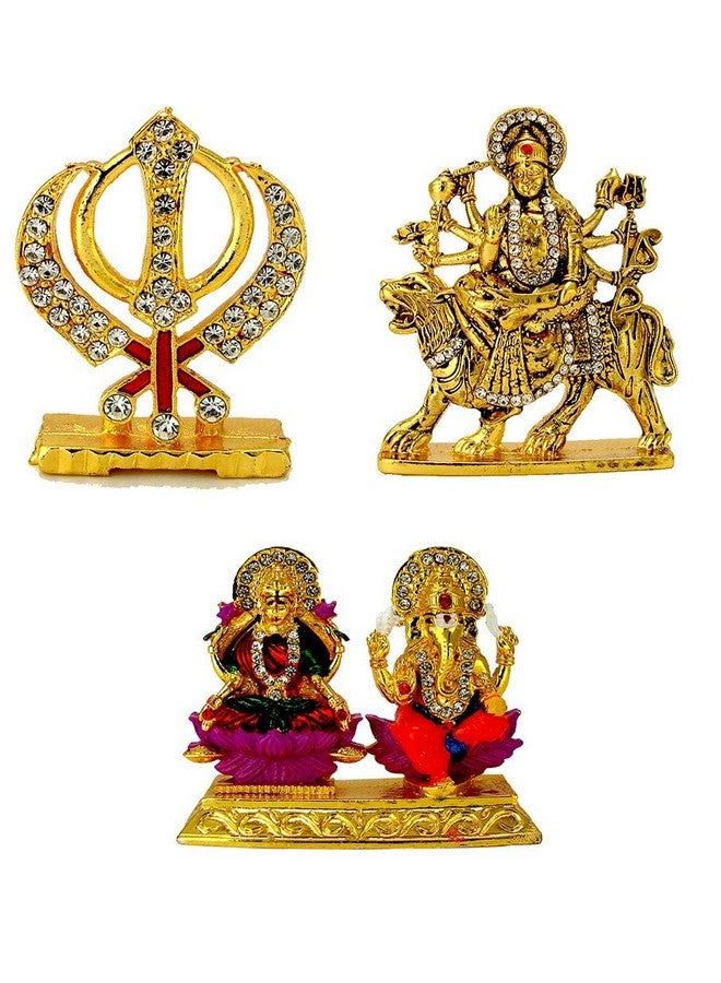 LE Holy Khanda Symbol MATA Durga Maa Vaishno Devi (Oxidised) Lakshmi-Ganesha Laxmi Ganesh (Golden Meenakari) Idol / Statue for Home Office Shop Car Dashboard & Gift - Image 1