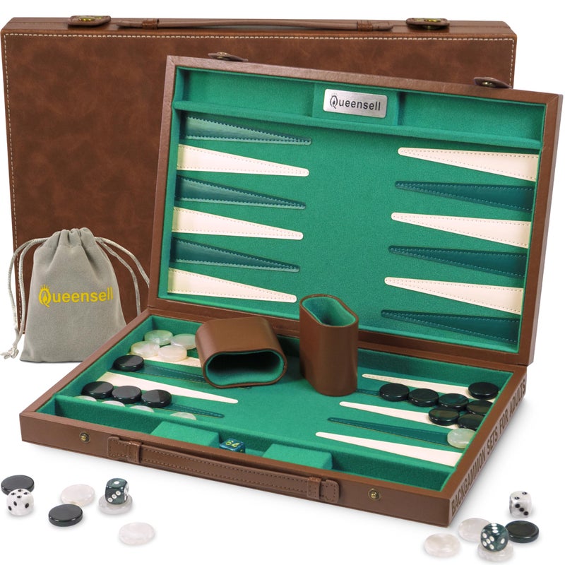 Queensell Premium 15 Inch Backgammon Set for Adults â€“ Classic Faux Suede Leather Backgammon Board with 32 Chips, Dice Cups & Doubling Cube - Image 1