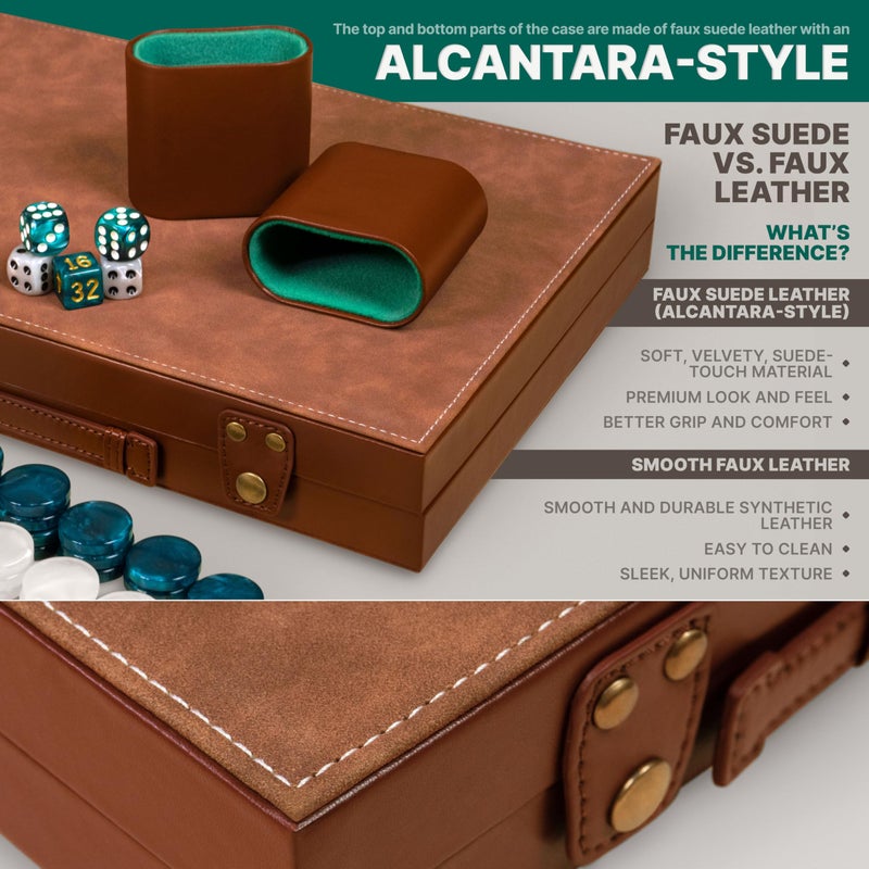 Queensell Premium 15 Inch Backgammon Set for Adults â€“ Classic Faux Suede Leather Backgammon Board with 32 Chips, Dice Cups & Doubling Cube - Image 2