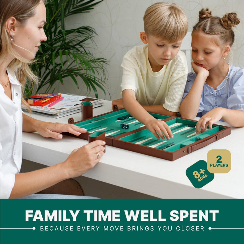 Queensell Premium 15 Inch Backgammon Set for Adults â€“ Classic Faux Suede Leather Backgammon Board with 32 Chips, Dice Cups & Doubling Cube - Image 4