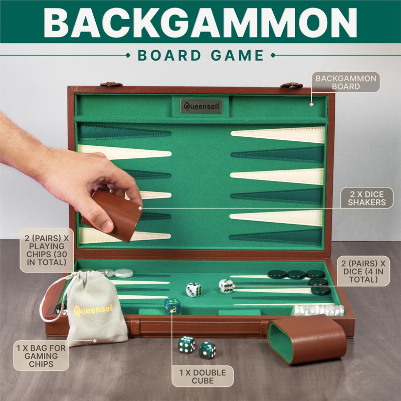 Queensell Premium 15 Inch Backgammon Set for Adults â€“ Classic Faux Suede Leather Backgammon Board with 32 Chips, Dice Cups & Doubling Cube - Image 5