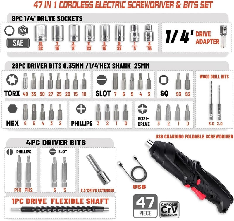 Excefore Electric Screwdriver, 4.2V Cordless Screwdriver Rechargeable With 44Pcs Screwdriver Bit Set, Front Led Light, Flexible Shaft Carrying Case, Easy For Small Home Projects, Micro Usb - Image 5
