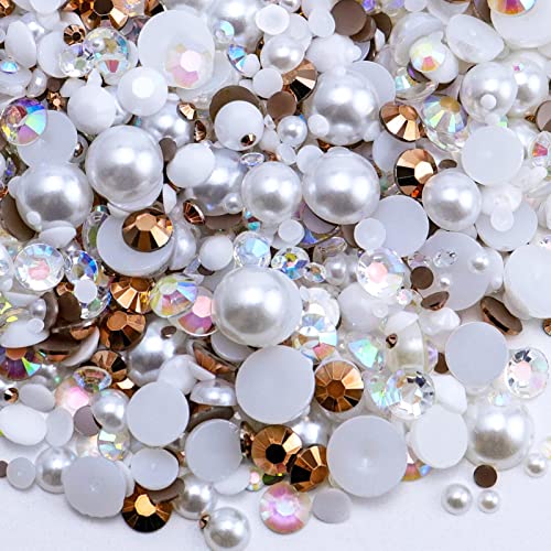 Briskbloom 60g Mix Flatback Pearls and Rhinestones for Crafts, 3620PCS Pearl Rhinestones for Nails Face Art Tumblers, Half Pearls, with Tweezers Wax Pen, Brown White - Image 1