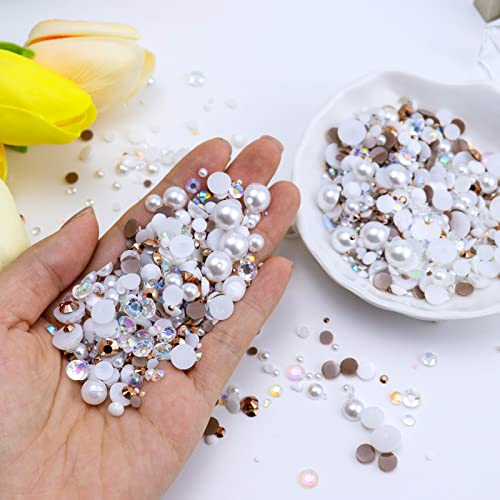 Briskbloom 60g Mix Flatback Pearls and Rhinestones for Crafts, 3620PCS Pearl Rhinestones for Nails Face Art Tumblers, Half Pearls, with Tweezers Wax Pen, Brown White - Image 2