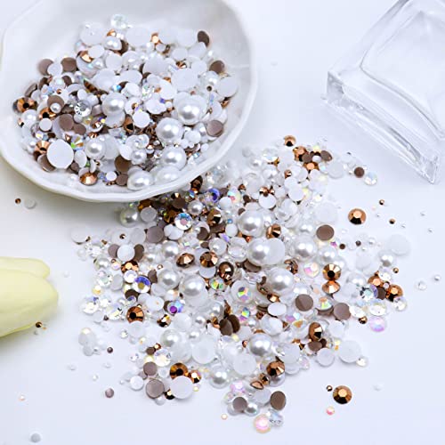 Briskbloom 60g Mix Flatback Pearls and Rhinestones for Crafts, 3620PCS Pearl Rhinestones for Nails Face Art Tumblers, Half Pearls, with Tweezers Wax Pen, Brown White - Image 3
