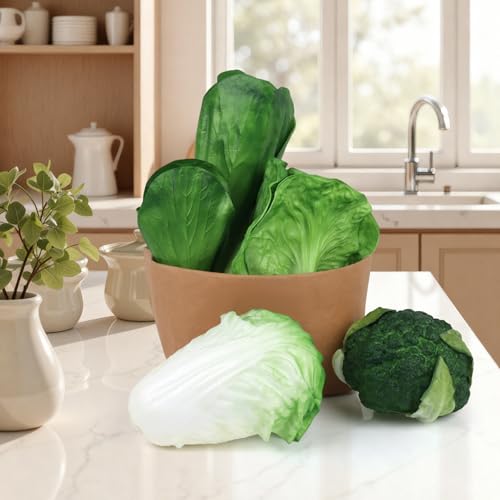 Woration Green Artificial Vegetables Set Lifelike Lettuce Broccoli Cabbage PU Food Model Decoration for Home Kitchen Shop Cabinet Supermarket Garden DIY Garland 5pcs - Image 3