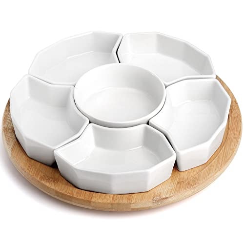 SOUJOY 11'' Lazy Susan Serving Tray, Porcelain 360° Rotatable Serving Tray and Platters, Removable Divided Serving Dishes, Party Relish Bowl for Chip, Dip, Veggies, Candy and Snack, Cheese, 7 Pieces - Image 1