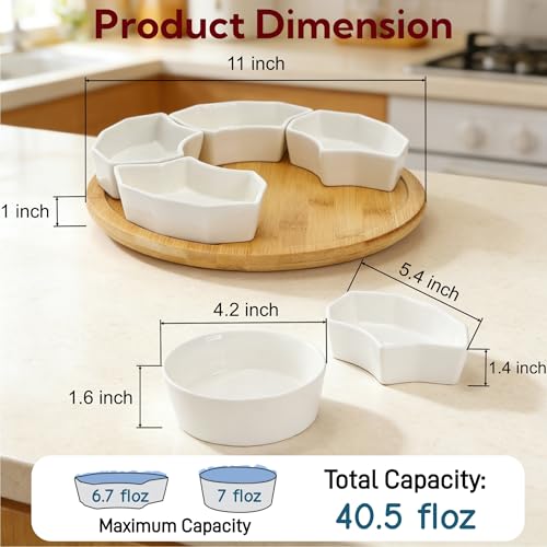 SOUJOY 11'' Lazy Susan Serving Tray, Porcelain 360° Rotatable Serving Tray and Platters, Removable Divided Serving Dishes, Party Relish Bowl for Chip, Dip, Veggies, Candy and Snack, Cheese, 7 Pieces - Image 2
