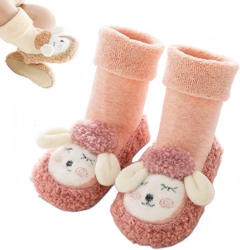 klarako Baby Cartoon Plush Cotton Toddler Shoes,Boy Girls Toddlers Thickened Animal Non-Skid Indoor Slipper Winter Warm Shoes Socks (Pink,12cm-for 6-12Months) - Image 1