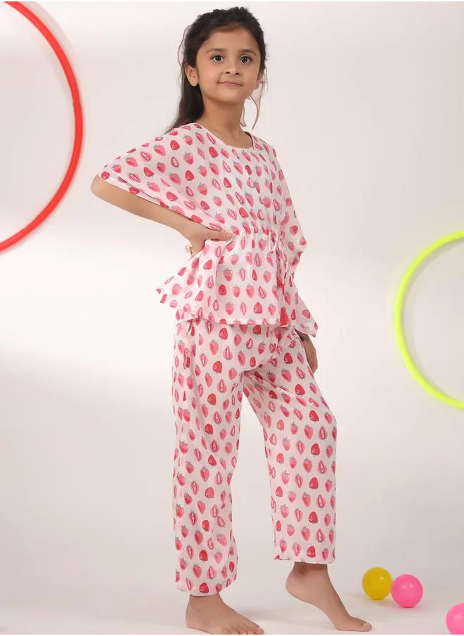sanskrutihomes Strawberry Print Drawstring Top & Pyjama Set by Styli