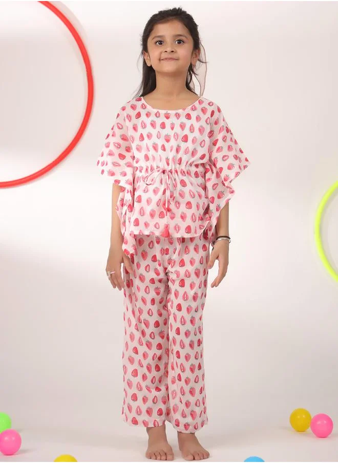 sanskrutihomes Strawberry Print Drawstring Top & Pyjama Set by Styli