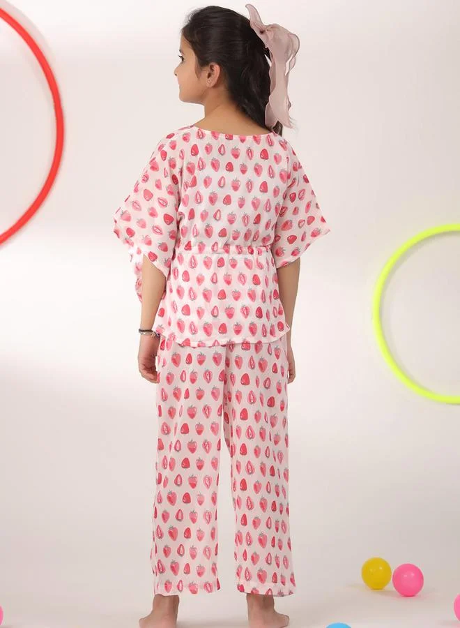 sanskrutihomes Strawberry Print Drawstring Top & Pyjama Set by Styli