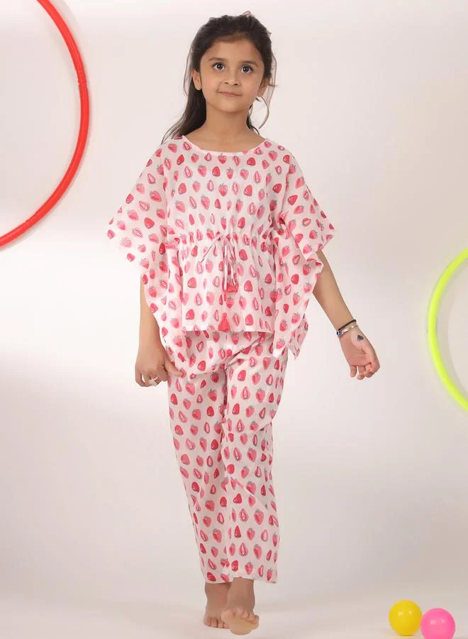 sanskrutihomes Strawberry Print Drawstring Top & Pyjama Set by Styli