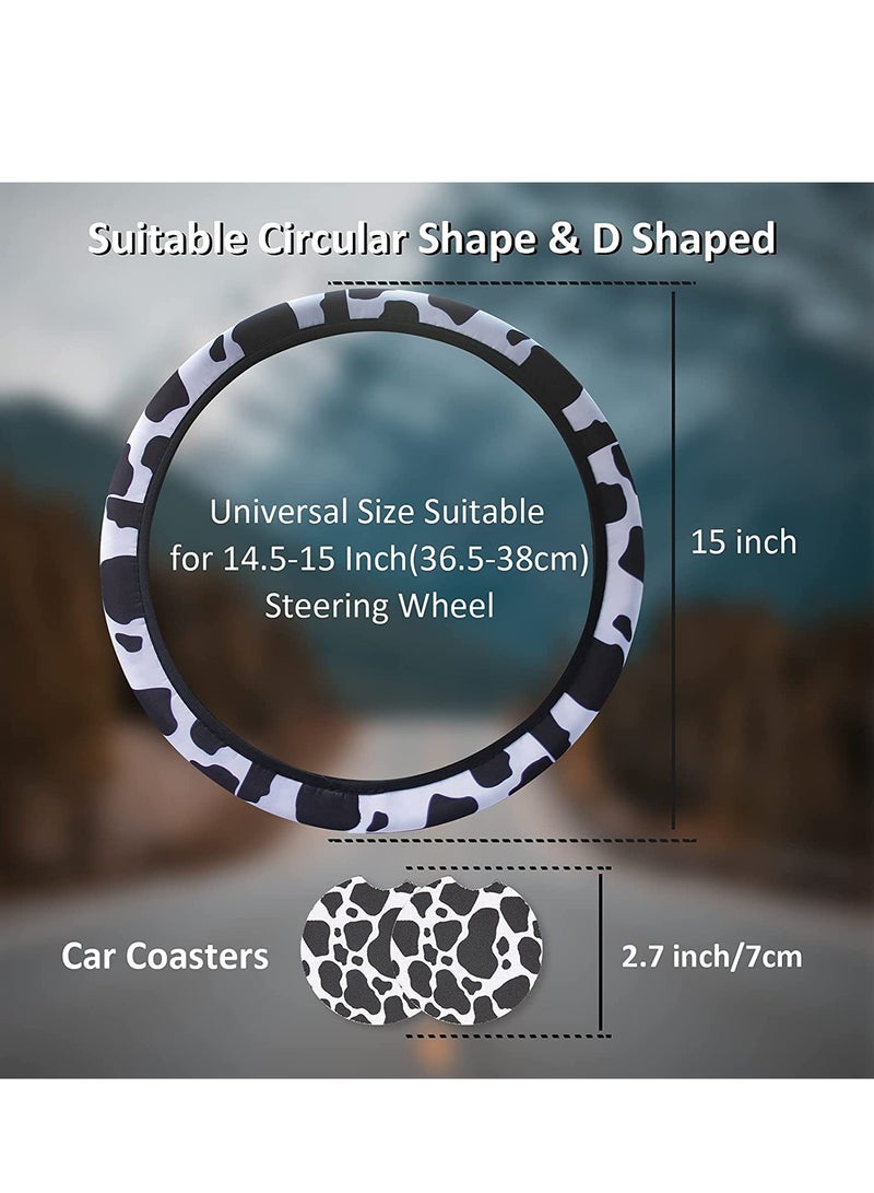 Zikra Steering Wheel Cover with 2PCS Car Coasters Universal 14.5-15 inches Cow Print Teering Fashion Non-Slip Grip Auto - Image 2