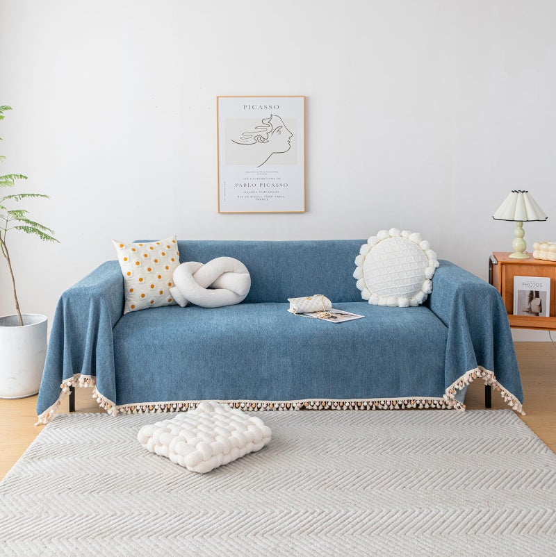 HANDONTIME Couch Slipcover Dog Sofa Covers Boho Couch Cover for Dogs Blue Sofa Throw Cover Bohemian Sofa Covers for 3 Cushion Couch Herringbone Sectional Couch Cover Slipcovers for Sofas, 91" X150" - Image 1