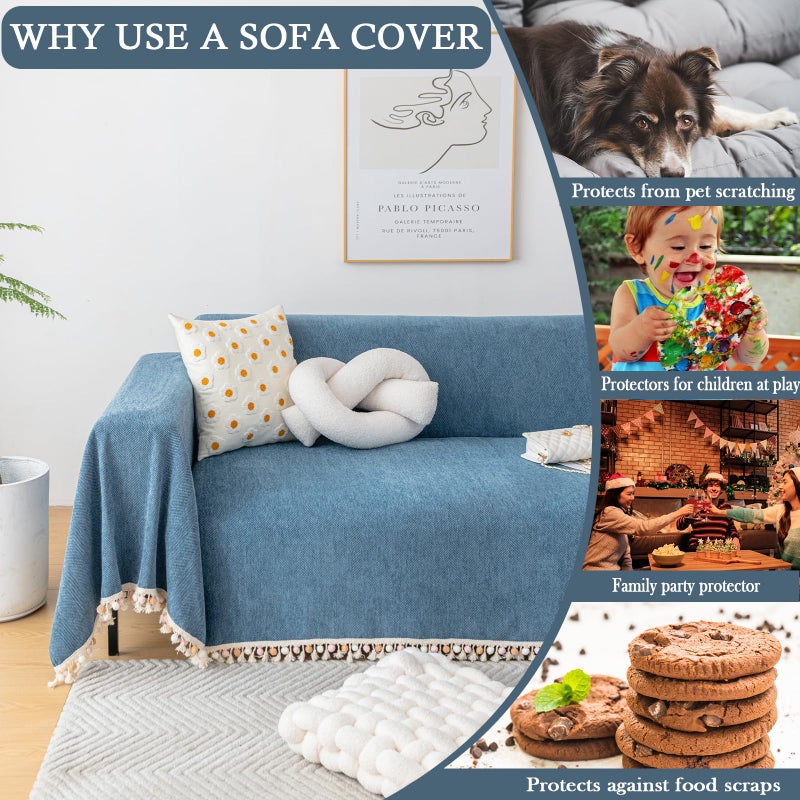 HANDONTIME Couch Slipcover Dog Sofa Covers Boho Couch Cover for Dogs Blue Sofa Throw Cover Bohemian Sofa Covers for 3 Cushion Couch Herringbone Sectional Couch Cover Slipcovers for Sofas, 91" X150" - Image 4