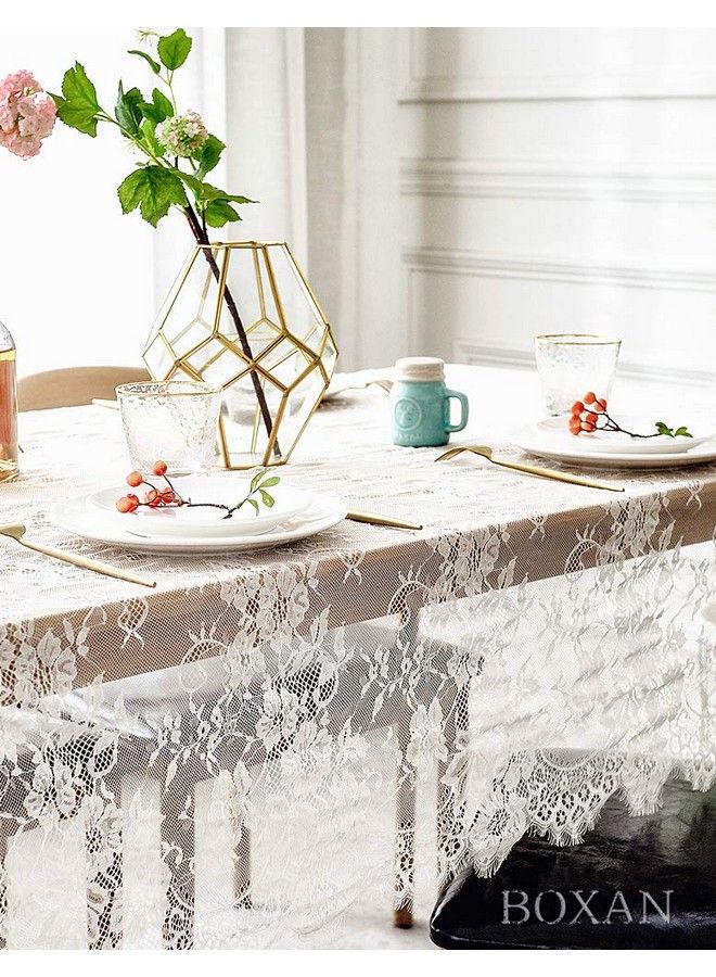 BOXAN 60X120 Inch Gorgeous White Lace Tablecloth Overlay Rose Vintage Embroidered Romantic Boho Wedding Reception Table Decor Baby & Bridal Shower Décor Elegant Chic Outdoor Tea Party Tablecover - Image 4