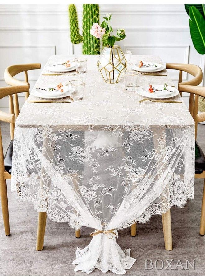 BOXAN 60X120 Inch Gorgeous White Lace Tablecloth Overlay Rose Vintage Embroidered Romantic Boho Wedding Reception Table Decor Baby & Bridal Shower Décor Elegant Chic Outdoor Tea Party Tablecover - Image 5