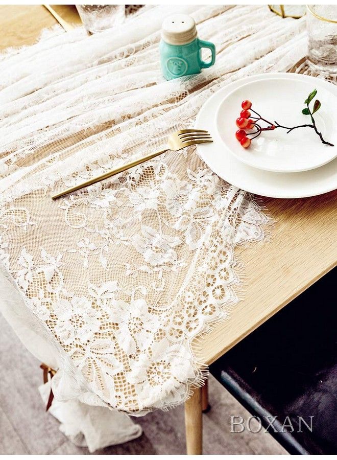 BOXAN 60X120 Inch Gorgeous White Lace Tablecloth Overlay Rose Vintage Embroidered Romantic Boho Wedding Reception Table Decor Baby & Bridal Shower Décor Elegant Chic Outdoor Tea Party Tablecover - Image 3