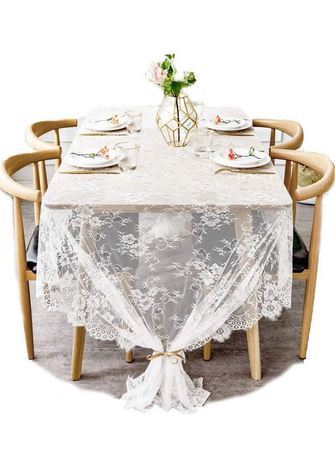 BOXAN 60X120 Inch Gorgeous White Lace Tablecloth Overlay Rose Vintage Embroidered Romantic Boho Wedding Reception Table Decor Baby & Bridal Shower Décor Elegant Chic Outdoor Tea Party Tablecover - Image 1
