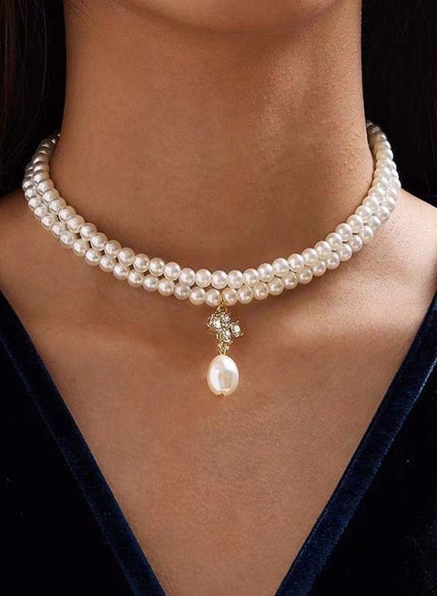 Women Artificial Pearl Necklace Earrings Set Pearl Choker Necklace Charm Clavicle Chain For Party Wedding