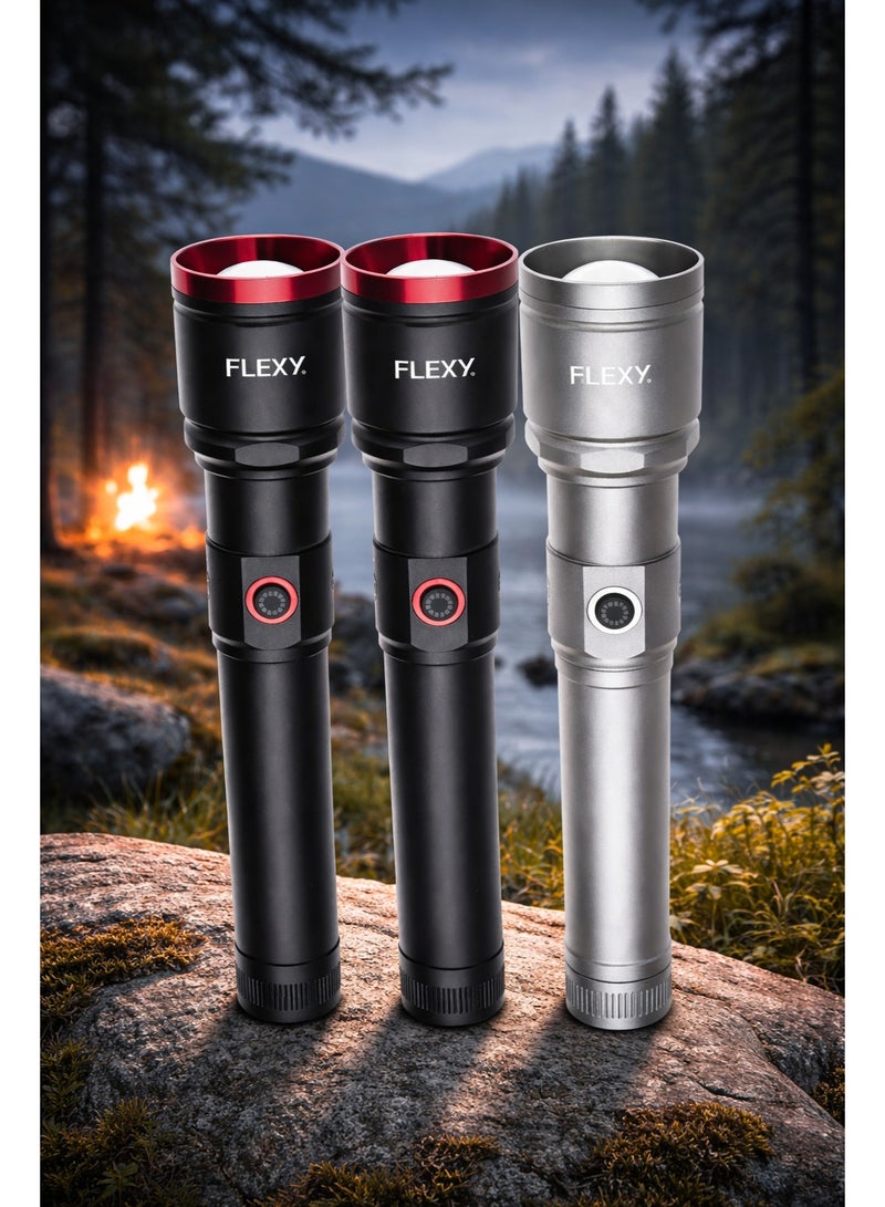 Flexy F333 3-in-1 Rechargeable Laser LED Zoomable Flashlight – Ranger R.3 Series, 20W LED, 800-1000 Lumens, 8000mAh Battery, Type-C Charging, Aircraft Aluminium Body, Grey & Black, 4-Year Warranty - Image 2