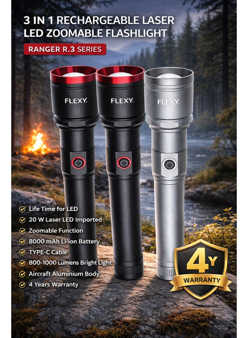 Flexy F333 3-in-1 Rechargeable Laser LED Zoomable Flashlight – Ranger R.3 Series, 20W LED, 800-1000 Lumens, 8000mAh Battery, Type-C Charging, Aircraft Aluminium Body, Grey & Black, 4-Year Warranty - Image 3