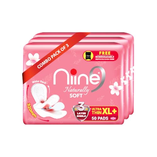 NIINE Naturally Soft Ultra Thin XL+ Sanitary Napkins for Heavy Flow (Pack of 3) 150 Pads with Free Biodegradable Disposal Bags - Image 1