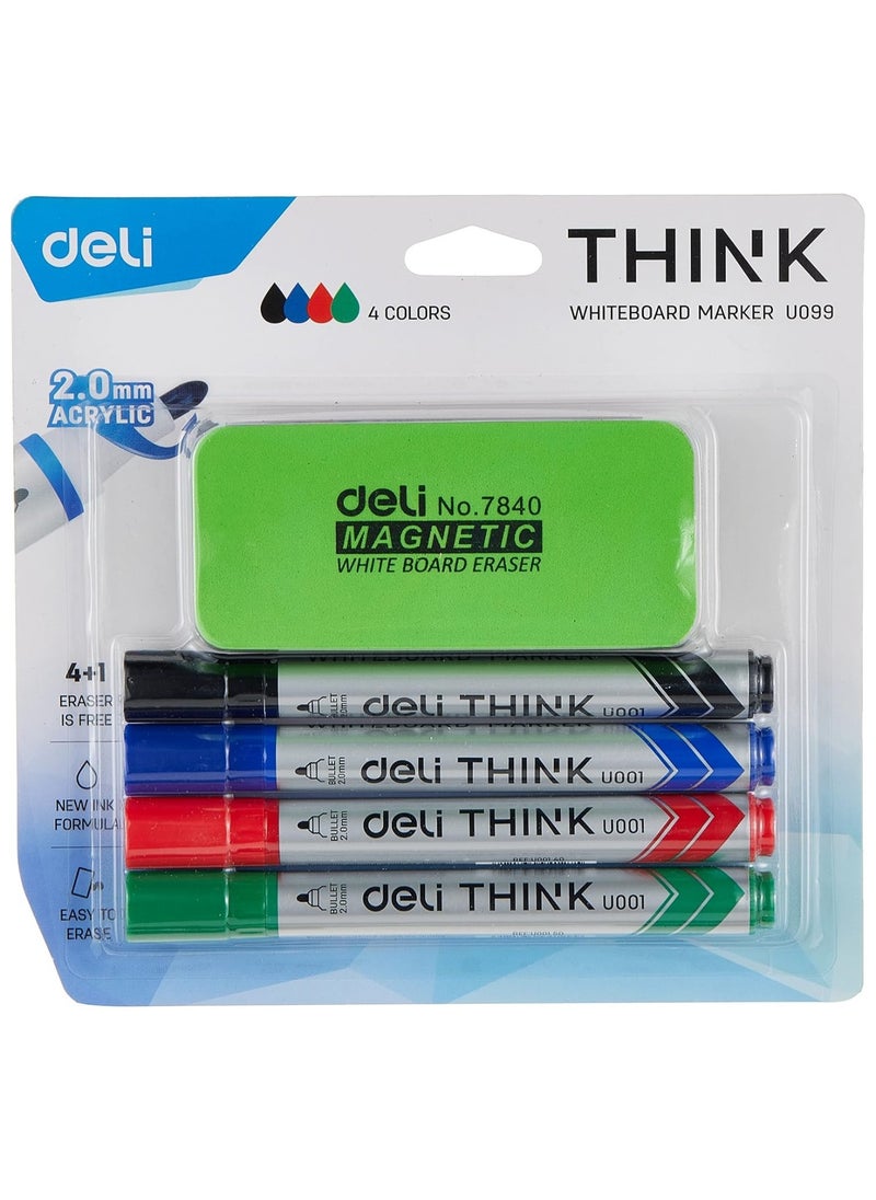 Deli 4-Piece Dry Erase Whiteboard Marker With Eraser Multicolour  - Image 1