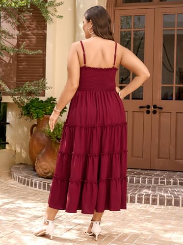 SHESTARR Plus Size Spaghetti Strap Summer Dress Drawstring Sweetheart Smocked Tiered Ruffle Maxi Flowy Casual Boho Dresses - Image 5
