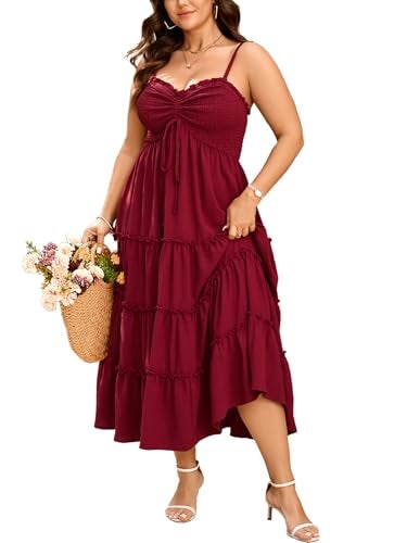 SHESTARR Plus Size Spaghetti Strap Summer Dress Drawstring Sweetheart Smocked Tiered Ruffle Maxi Flowy Casual Boho Dresses - Image 1