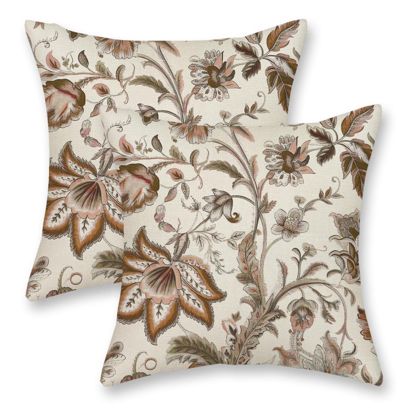 DAFENA Chinoiserie Pillow Covers 18x18 Inch 2 Pcs Spring Fall Brown Floral Decor Throw Pillows Vintage Flower Plant Seasonal Outdoor Indoor Decoration Pillowcase Linen Cushion Cover for Couch Sofa Bed - Image 1