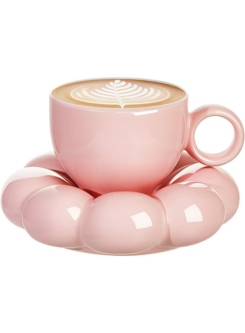 Ceramic Cloud Mug, 7oz Creative Cute Cup, Ceramic Coffee Mug, Flower Cup, Pearl Cup with Saucer Set or Office Home Coffee Tea Latte Milk, Women Girlfriend Birthday (pink) - Image 1