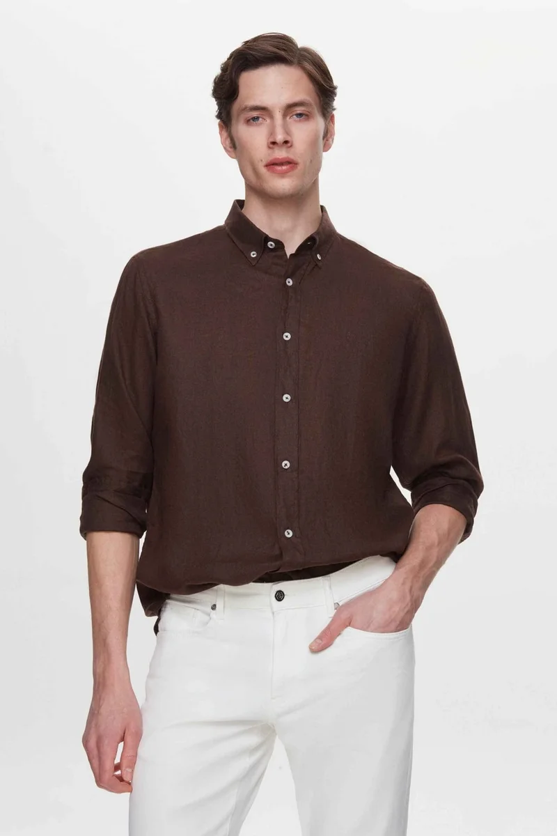D'S DAMAT Comfort Brown 100% Linen Shirt 2HC02G803265M