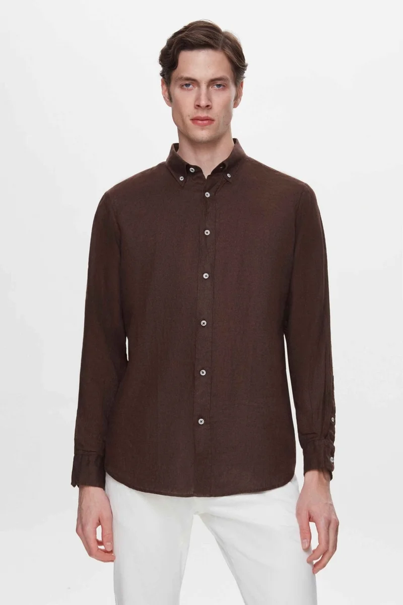 D'S DAMAT Comfort Brown 100% Linen Shirt 2HC02G803265M