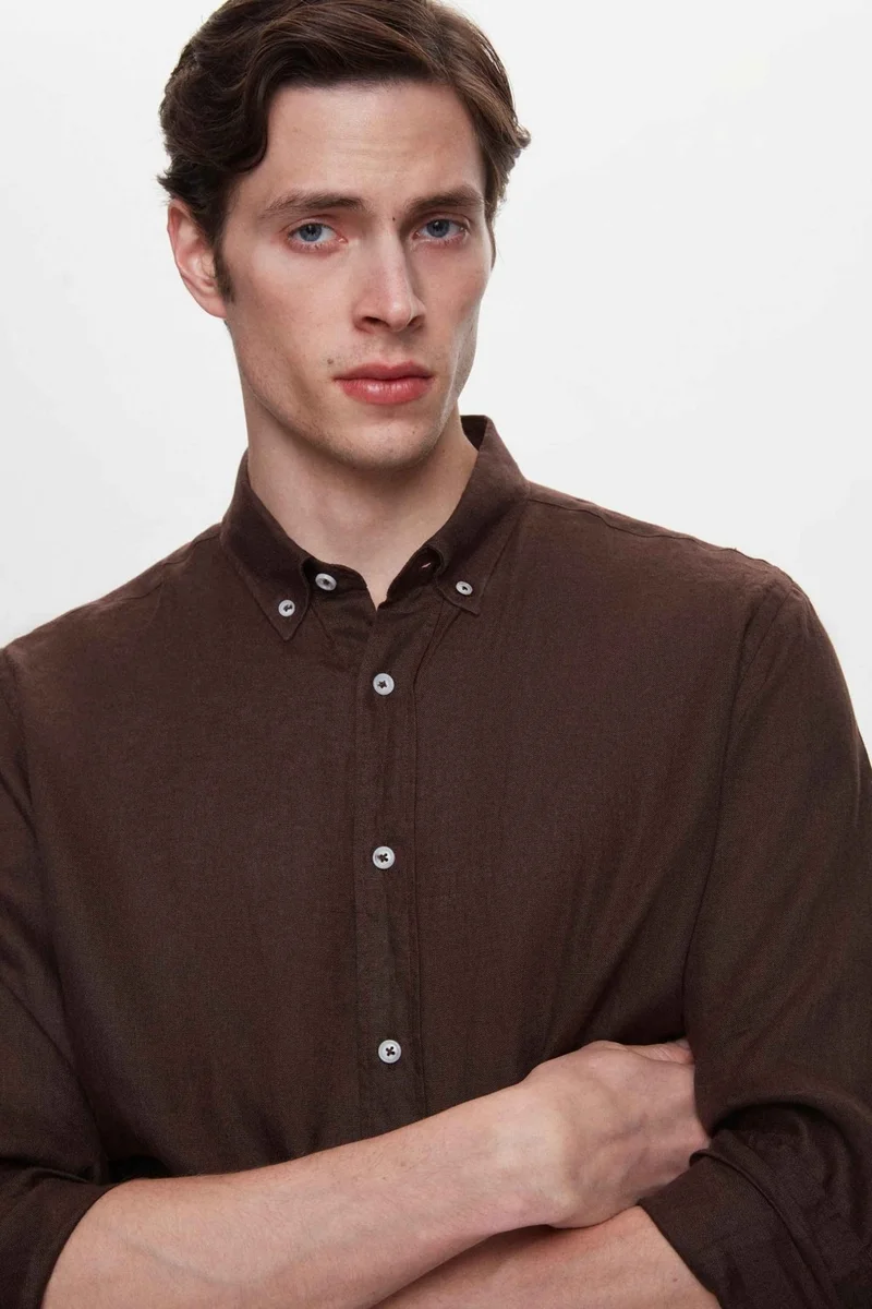 D'S DAMAT Comfort Brown 100% Linen Shirt 2HC02G803265M