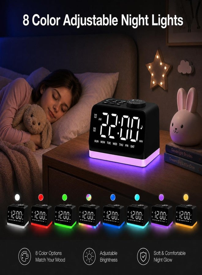 Jall Digital Alarm Clock with FM Radio for Bedroom, 8 Colors Night Light with 2 Charging Port, Sleep Sound Machines with Timer, Dual Alarm, Loud Alarm and Easy to Use for Seniors and Kids as Gift (Black) - Image 5
