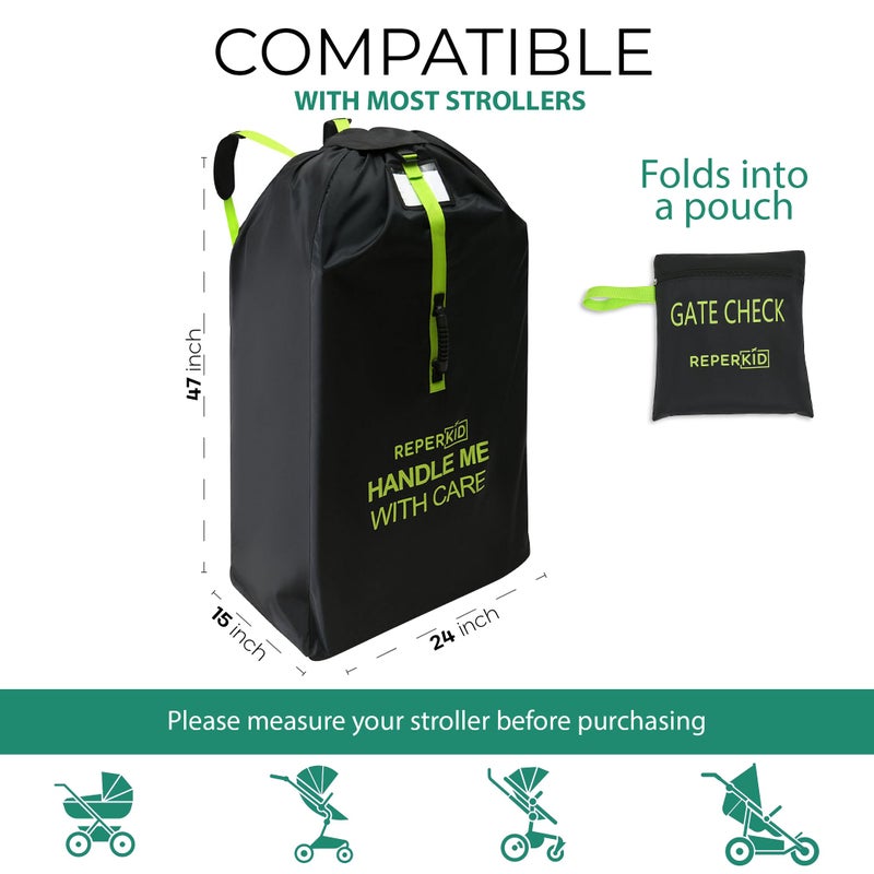 reperkid Large Stroller Bag for Airplane Travel, Black & Green, 47" H x 24" W x 15" D, Fits Most Large, Single, Double, Jogging Strollers â€“ Premium Waterproof Cover, Adjustable Shoulder Straps - Image 4